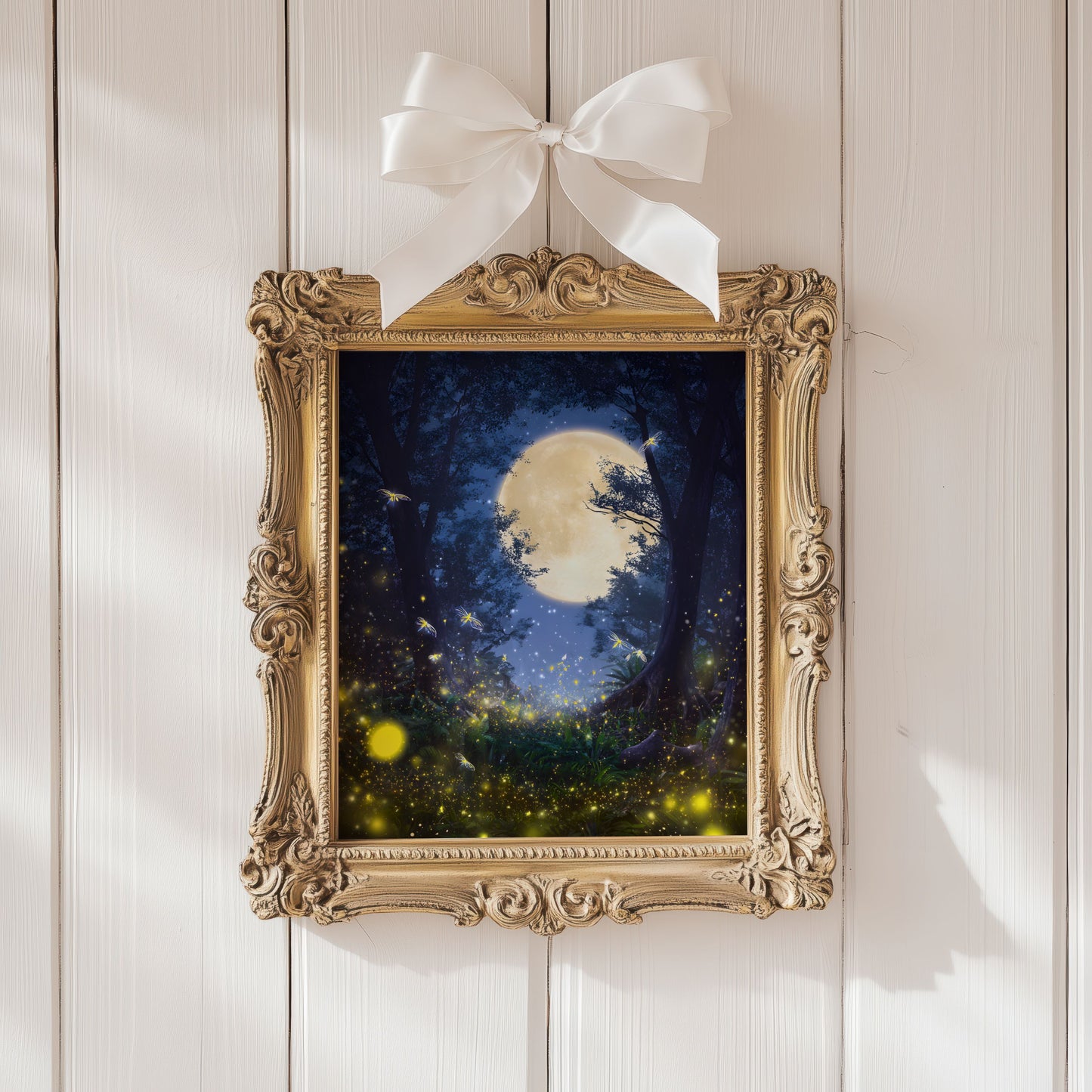 Glowing Fireflies in the Moonlit Forest Poster, Ethereal Moonlight Forest Print, Dreamlike Forest Night Wall Art, Unframed