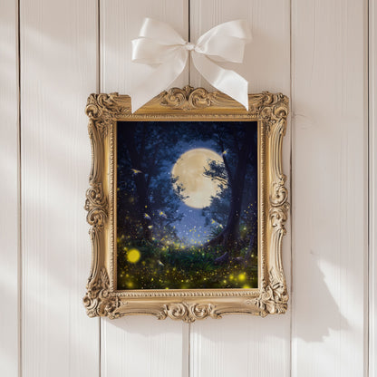 Glowing Fireflies in the Moonlit Forest Poster, Ethereal Moonlight Forest Print, Dreamlike Forest Night Wall Art, Unframed