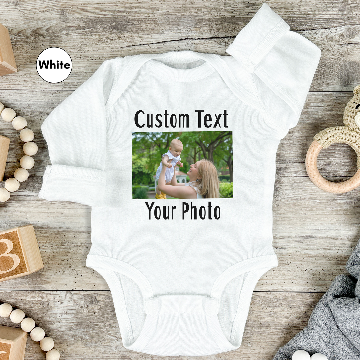 Personalized Long Sleeve Bodysuit for Baby, Custom Photo and Text Baby Bodysuit, Add Your Image Words Logo, Personalized Baby Bodysuit