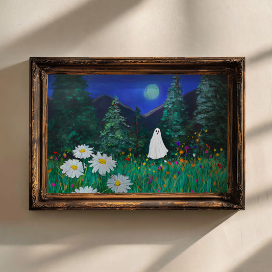 Haunted Ghost in Moonlit Forest Poster, Spooky Halloween Wall Art Print, Whimsical Ghost Painting with Wildflowers, Unframed