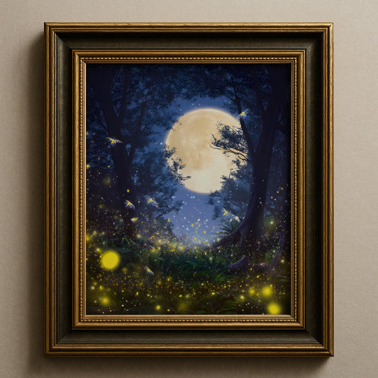 Glowing Fireflies in the Moonlit Forest Poster, Ethereal Moonlight Forest Print, Dreamlike Forest Night Wall Art, Unframed