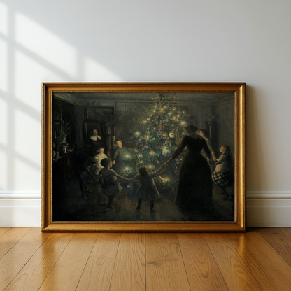 Victorian Christmas Tree Family Gathering Poster, Glowing Christmas Lights Holiday Celebration Print, Cozy Vintage Winter Wall Art, Unframed