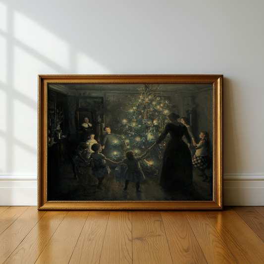 Victorian Christmas Tree Family Gathering Poster, Glowing Christmas Lights Holiday Celebration Print, Cozy Vintage Winter Wall Art, Unframed