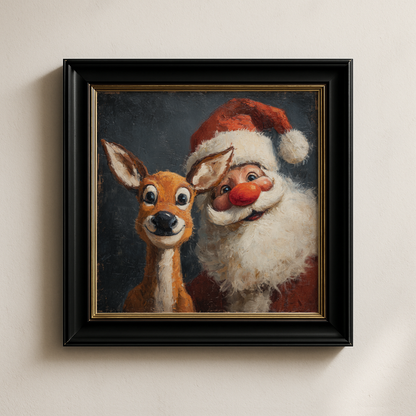 Retro Santa and Reindeer Christmas Poster, Vintage Holiday Print with Cheerful Seasonal Charm, Nostalgic Christmas Wall Art, Unframed