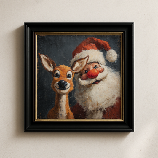 Retro Santa and Reindeer Christmas Poster, Vintage Holiday Print with Cheerful Seasonal Charm, Nostalgic Christmas Wall Art, Unframed