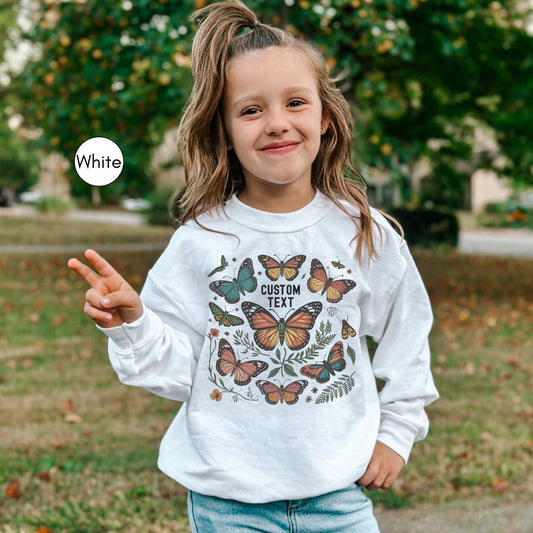 Custom Text Butterfly & Moth Kids Sweatshirt, Personalized Kids Cottagecore Pullover, Botanical Youth Sweatshirt, Nature Lover Shirt, Custom Text Kids Sweatshirt