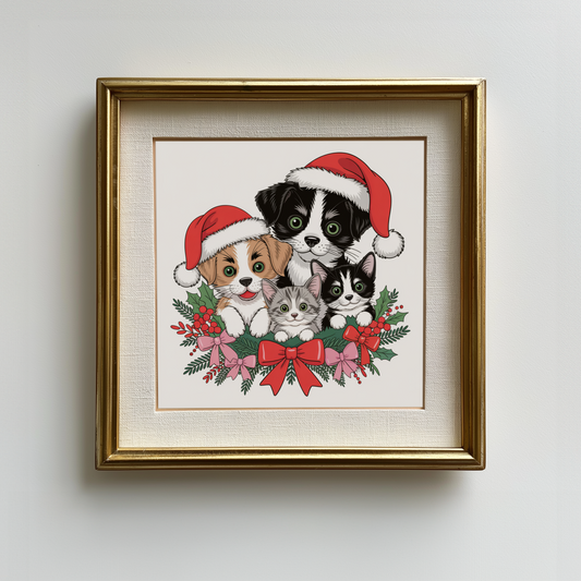 Vintage Dogs Cats Christmas Poster, Retro Kittens Puppies in Santa Hats, Holly Wreath Cute Holiday Wall Art Print, Cozy Decor, Unframed
