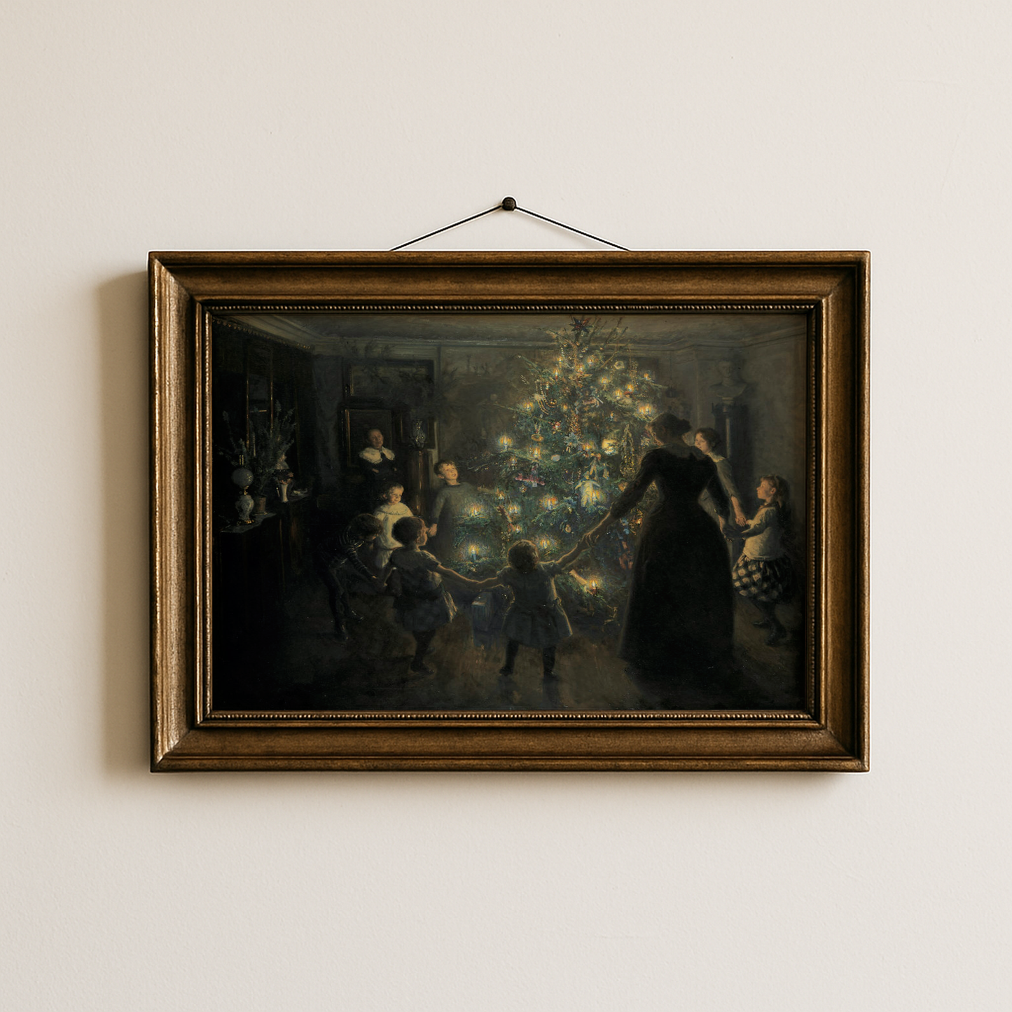 Vintage Family Around Christmas Tree Fine Art Poster, Victorian Christmas Eve Winter Print, Soft Glowing Christmas Lights Holiday Wall Art, Unframed