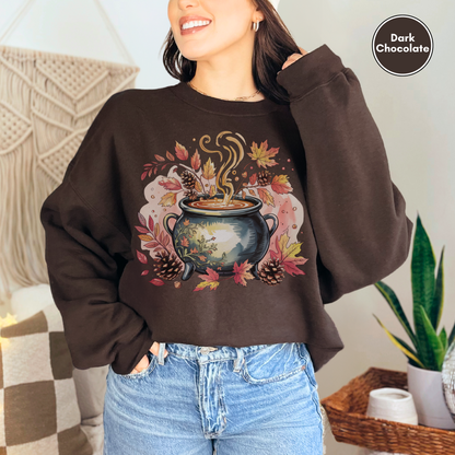Autumn Cauldron Sweatshirt, Fall Leaves Pullover, Witchy Halloween Sweatshirt, Nature Lover Gift for Her, Cozy Fall Witchy Vibes Sweatshirt