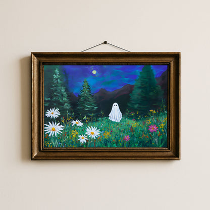 Haunted Ghost in Meadow Fine Art Poster, Eerie Ghost Moody Twilight Wildflower Meadow Print, Wall Art Home Decor, Unframed
