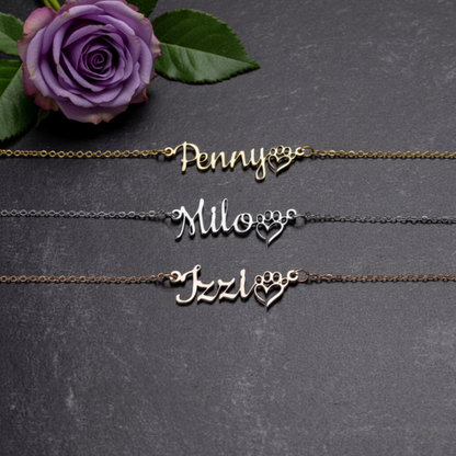18k Gold Plated Pet Paw Heart Name Necklace, Personalized Dog Paw Heart Necklace, Custom Cat Name Necklace