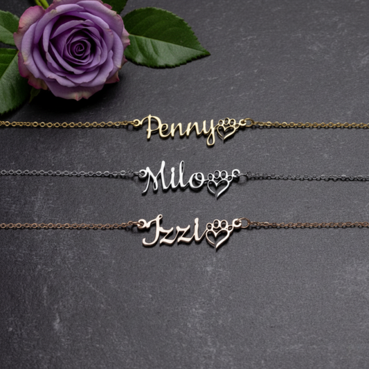 18k Gold Plated Pet Paw Heart Name Necklace, Personalized Dog Paw Heart Necklace, Custom Cat Name Necklace