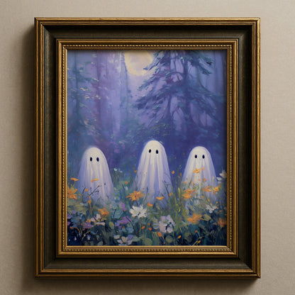 Three Ghosts Under Moonlight in Forest Amongst Wildflowers Poster, Creepy Ghosts Print, Spooky Home Decor Wall Art, Unframed Decor for Home