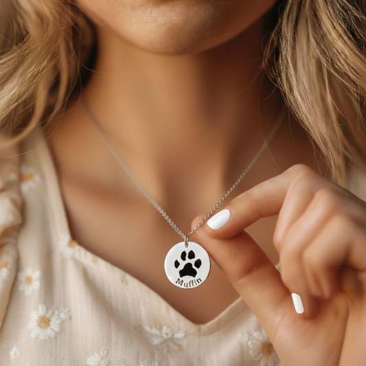 18k Gold Plated Personalized Actual Pet Paw Print Name Necklace, Custom Dog or Cat Memorial Gift for Kids, Custom Dog Paw Initial Necklace