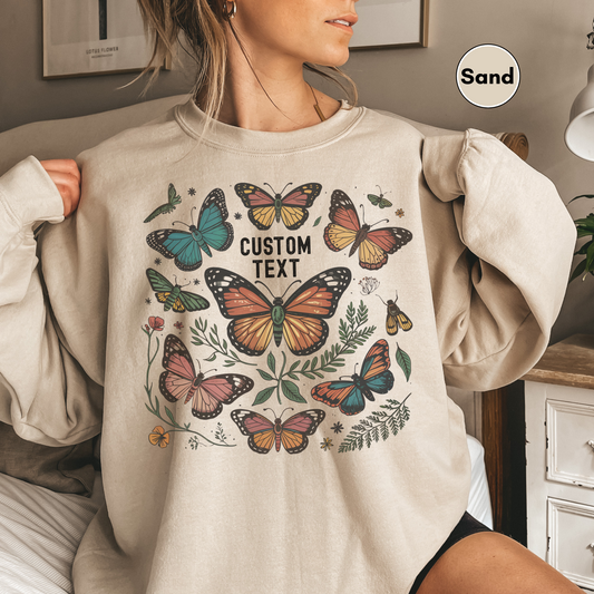Custom Text Butterfly & Moth Sweatshirt, Personalized Cottagecore Botanical Sweatshirt