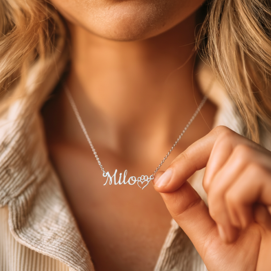 Personalized Dog Paw Heart Name Necklace, 18k Gold Plated Custom Dog Name Necklace