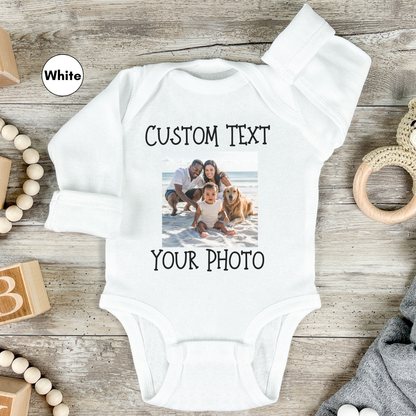 Personalized Front or Back Long Sleeve Bodysuit for Baby, Custom Photo and Text Baby Bodysuit