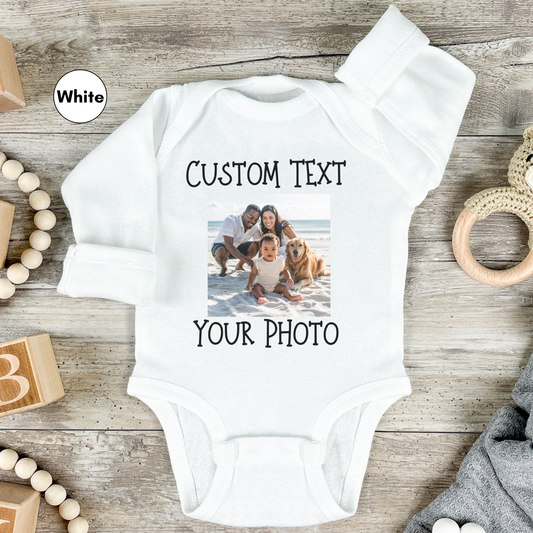 Personalized Front or Back Long Sleeve Bodysuit for Baby, Custom Photo and Text Baby Bodysuit