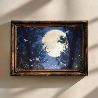 Eerie Haunted Night Forest Poster with Fireflies and Glowing Moon, Mystical Night Sky Poster for Bedroom or Living Room, Unframed Wall Decor