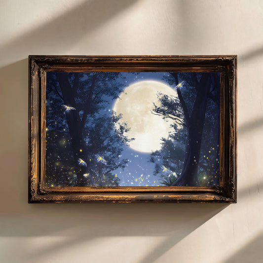 Eerie Haunted Night Forest Poster with Fireflies and Glowing Moon, Mystical Night Sky Poster for Bedroom or Living Room, Unframed Wall Decor