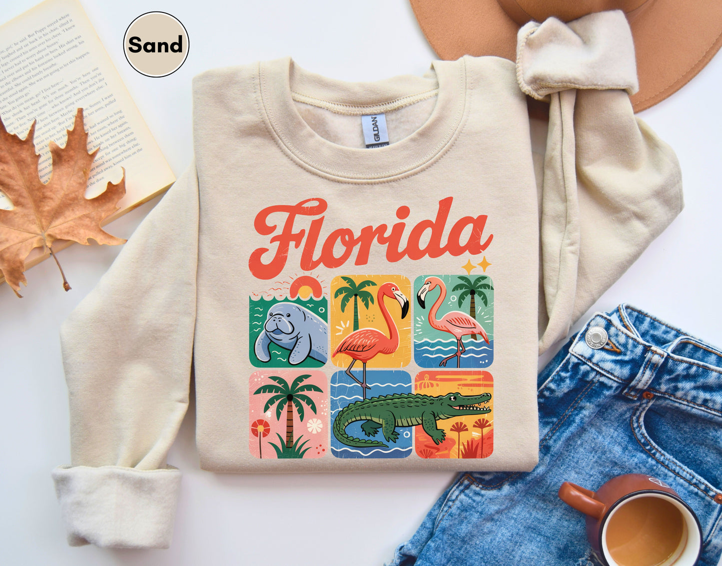 Florida Vintage Sweatshirt, Florida Lover Retro Animal Graphic Sweatshirt, Wildlife Manatee Flamingo Alligator Sweatshirt