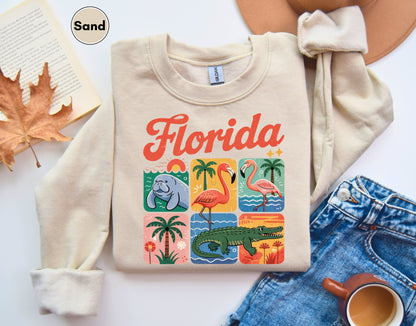 Florida Vintage Sweatshirt, Florida Lover Retro Animal Graphic Sweatshirt, Wildlife Manatee Flamingo Alligator Sweatshirt