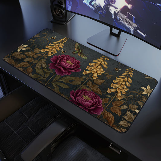 Vintage Medieval Desk Mat, Moth Nature Floral Plants Antique Design, Large Extended Mousepad, Home Office Decor