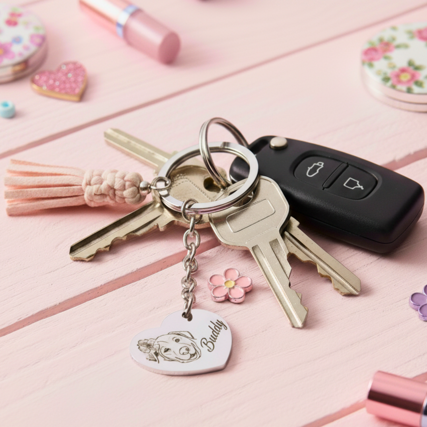 Personalized Pet Portrait Name Heart Keychain, 18k Gold Plated Custom Dog Initial Keychain, Custom Cat Heart Keychain, Pet Memorial Gift, Christmas Gift, Pet Lover Gift