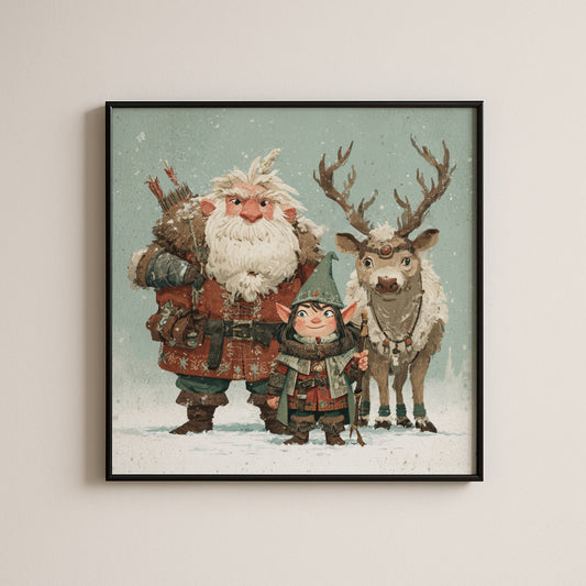 Nordic Christmas Magic Fine Art Poster, Santa and Elf with Reindeer Vintage Print, Whimsical Holiday Wall Art, Cozy Winter Forest Decor, Unframed