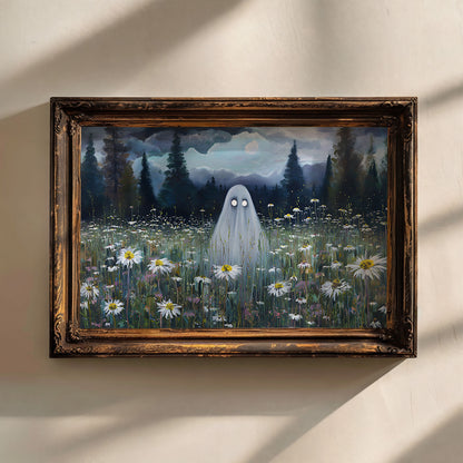 Haunted Ghost in Meadow Poster, Spooky Eerie Ghost Moonlit Wildflower Field Wall Art Print