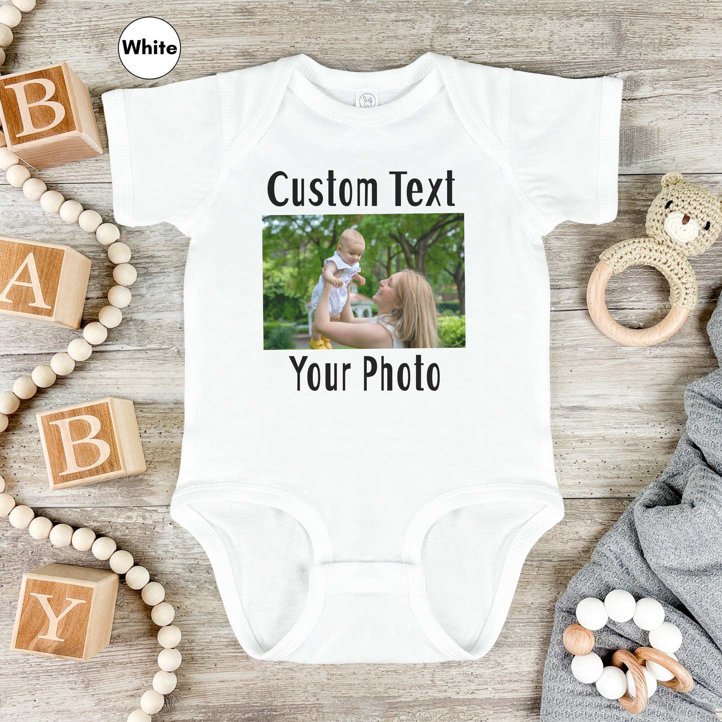 Personalized Short Sleeve Bodysuit for Baby, Custom Photo and Text Baby Bodysuit, Add Your Image Words Logo