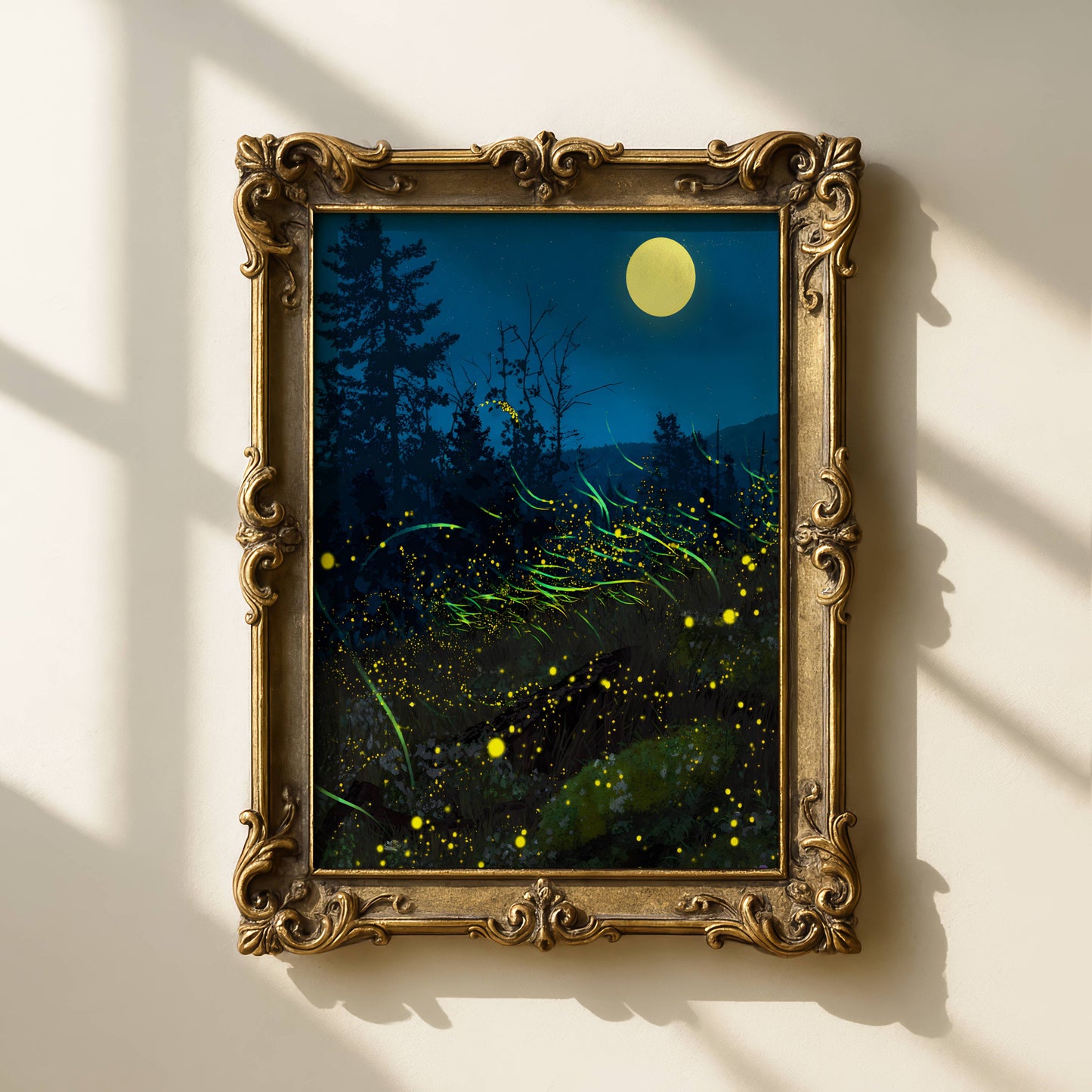 Enchanting Fireflies in a Forest Bush Poster, Whimsical Lightning Bugs Print, Magical Glow Bugs Forest Wall Art, Dreamy Home Decor, Unframed