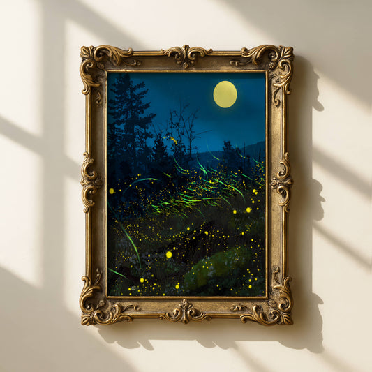 Enchanting Fireflies in a Forest Bush Poster, Whimsical Lightning Bugs Print, Magical Glow Bugs Forest Wall Art, Dreamy Home Decor, Unframed