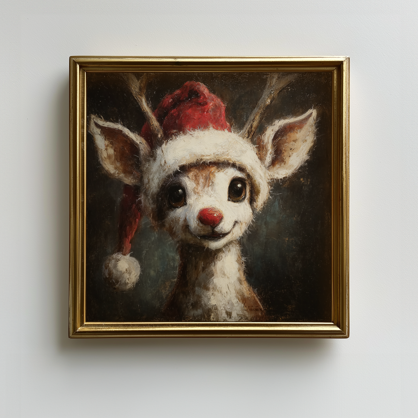 Vintage Rudolph Red Nose Reindeer Wearing Santa Hat Fine Art Poster, Whimsical Christmas Holiday Print, Home Decor Wall Art, Unframed