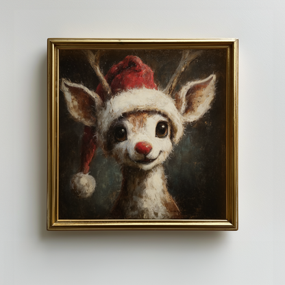 Vintage Rudolph Red Nose Reindeer Wearing Santa Hat Fine Art Poster, Whimsical Christmas Holiday Print, Home Decor Wall Art, Unframed