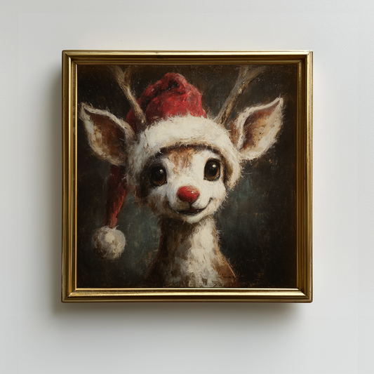 Vintage Rudolph Red Nose Reindeer Wearing Santa Hat Fine Art Poster, Whimsical Christmas Holiday Print, Home Decor Wall Art, Unframed