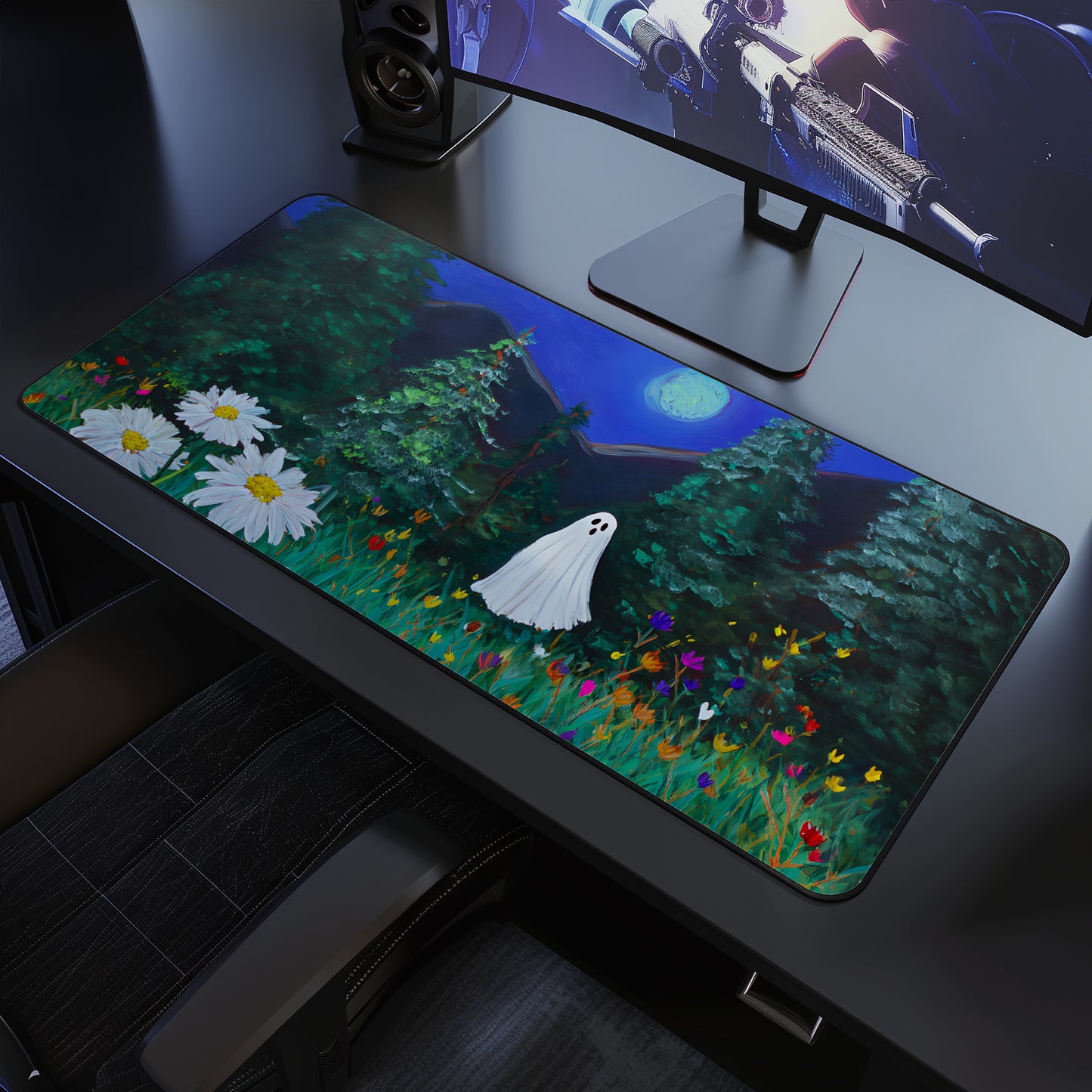 Haunted Ghost in Moonlit Forest Desk Mat, Large Extended Gaming Mouse Pad, Home Office Decor