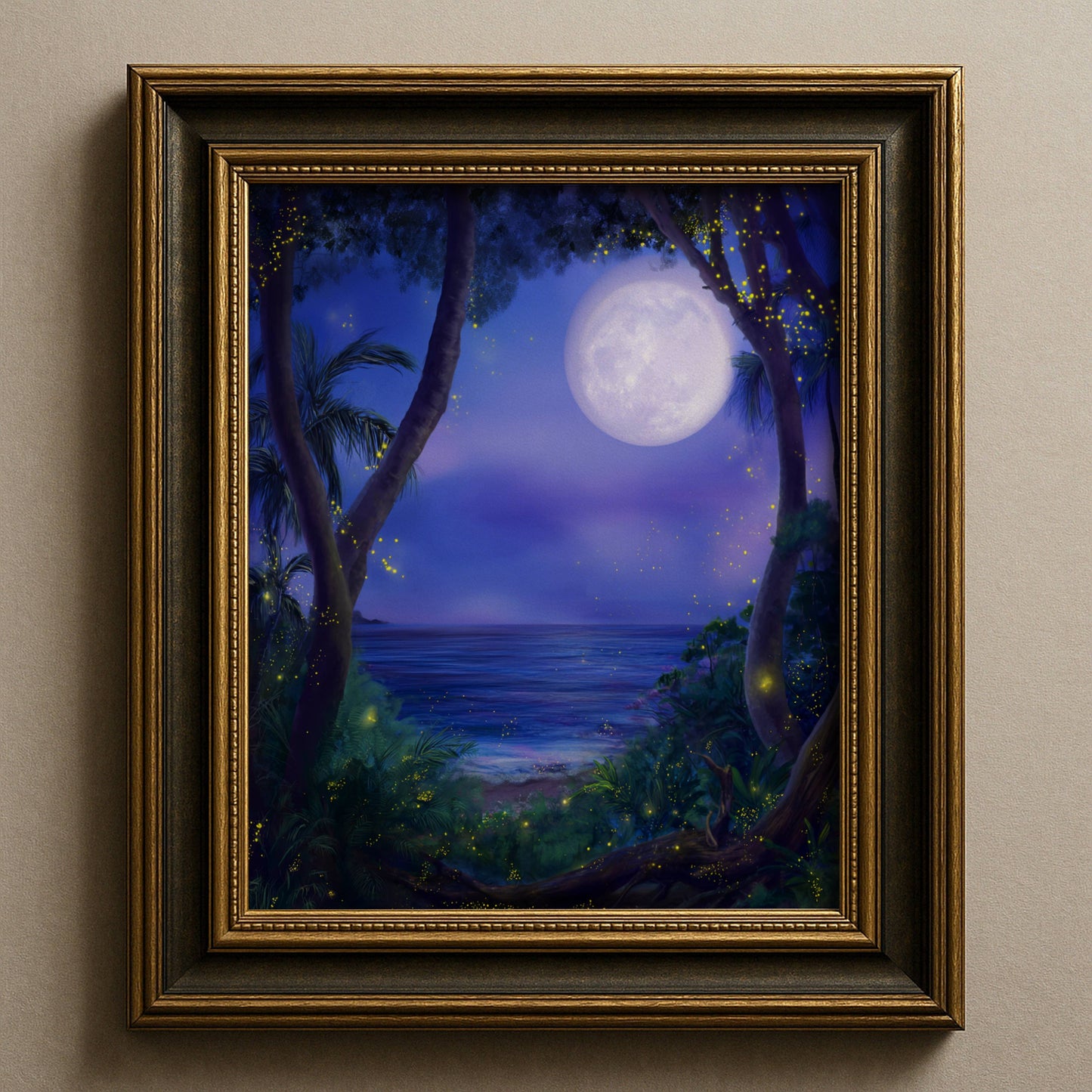 Fireflies and Lightning Bugs in Forest Poster, Dreamy Moonlit Ocean Night Print, Enchanted Nature Wall Art, Unframed