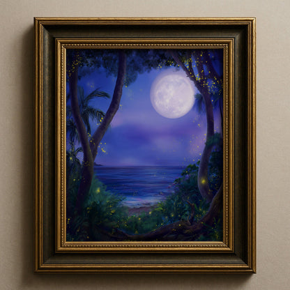 Fireflies and Lightning Bugs in Forest Poster, Dreamy Moonlit Ocean Night Print, Enchanted Nature Wall Art, Unframed
