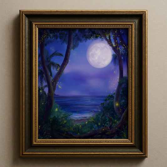 Fireflies and Lightning Bugs in Forest Poster, Dreamy Moonlit Ocean Night Print, Enchanted Nature Wall Art, Unframed