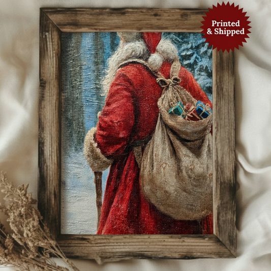 Vintage Santa Claus in Winter Forest Poster, Cozy Christmas Print, Wall Art Home Decoration, Unframed
