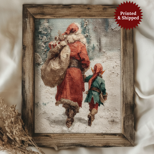 Vintage Santa Claus and Elf in Winter Forest Poster, Cozy Holiday Christmas Print, Home Decor Wall Art, Unframed