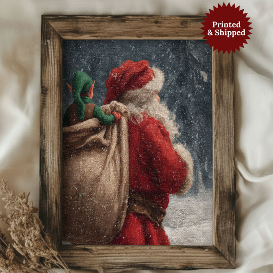 Vintage Santa Claus and Elf Poster, Elf Riding in Santas Bag Print, Cozy Christmas Holiday Poster, Home Decor Wall Art, Unframed