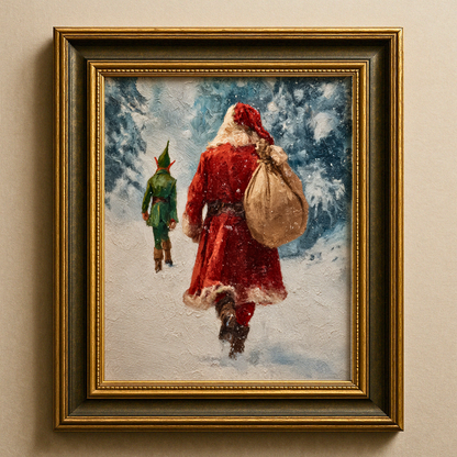 Vintage Santa Claus and Elf Walking Through Winter Forest Poster, Cozy Christmas Holiday Print, Home Decor Wall Art, Unframed