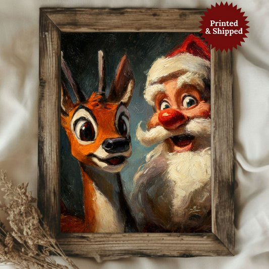 Vintage Santa Claus and Reindeer Fine Art Poster, Cozy Christmas Print, Home Decor Wall Art, Unframed, Printed and Shipped
