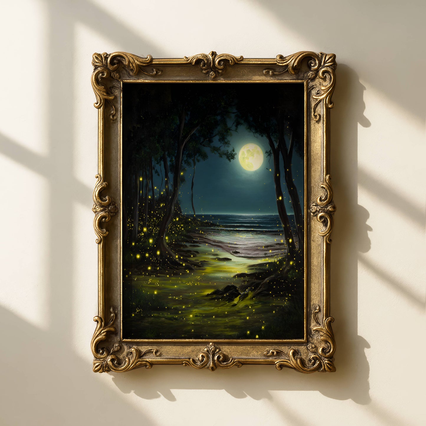 Enchanting Fireflies in a Moonlit Ocean Poster, Whimsical Lightning Bugs Print, Magical Glow Bugs Forest Wall Art, Dreamy Home Decor, Unframed