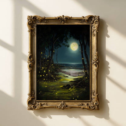 Enchanting Fireflies in a Moonlit Ocean Poster, Whimsical Lightning Bugs Print, Magical Glow Bugs Forest Wall Art, Dreamy Home Decor, Unframed