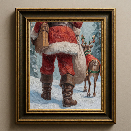 Vintage Santa Claus and Reindeer in Winter Forest Poster, Cozy Christmas Holiday Print, Home Decor Wall Art, Unframed