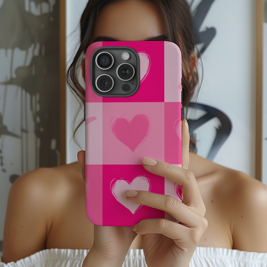 Brush Stroke Checkered Hearts Phone Case for iPhone, Samsung, Tough Phone Case, Valentines Day Gift for Her, Valentine's Day Gift, Baby Shower, Wedding, Bride, Friends Valentine, Friends Gift Valentines Day, Best Friend Valentines Gift, Galentines