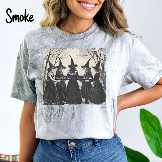 Vintage Girls Will Be Girls Witch Comfort Colors Color Blast Shirt, Funny Witch Vintage Shirt, Vintage Halloween Women's Shirt, Witchy Vibes Shirt